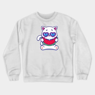 Cute Cat Eating Watermelon Fruit Cartoon Crewneck Sweatshirt